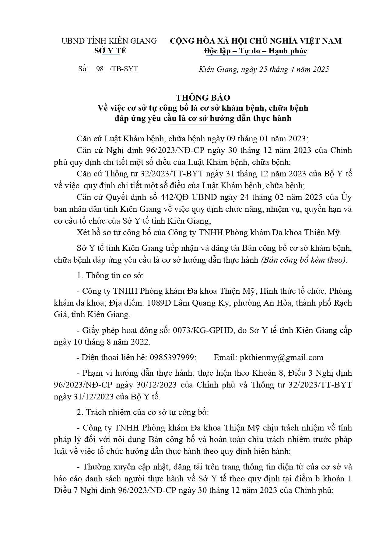 THÔNG BÁO VỀ VIỆC CƠ SỞ TỰ CÔNG BỐ LÀ CƠ SỞ KHÁM BỆNH, CHỮA BỆNH ĐÁP ỨNG YÊU CẦU LÀ CƠ SỞ THỰC HÀNH